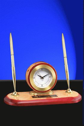 Clock & 2 Pens, Burlwood and Rosewood Set – 8” w